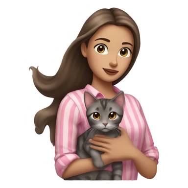 Brunette girl with straight hair in a pink blouse, holding a gray, striped, brown-eyed cat with a bow in her arms sticker