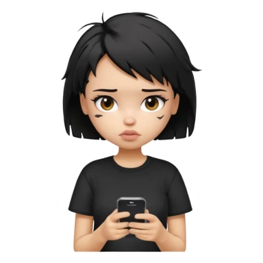 generate a pretty bratz girl with short black very messy hair, looking tired and using her phone, wearing an oversized black tshirt sticker