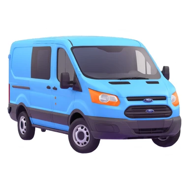 electric light blue Ford Transit passenger van, side profile, front facing right sticker