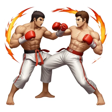 An icon showing two fighters in an intense battle, inspired by Tekken. The design features dynamic poses, with powerful punches and kicks, and a vibrant action-packed background. Health bars are visible at the bottom, showing each player’s status. Transparent background. sticker