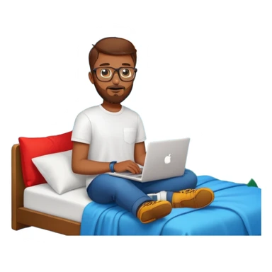 young man with short brown hair, gold-rimmed glasses, beard, white t-shirt, holding a red book, surrounded by polished emoji icons: orange bike, laptop, hiking boot, climbing wall, bed with blue blanket and moon-and-stars, green tree sticker