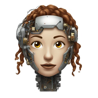 metal female cyborg head with brown curly hair and circuitry sticker