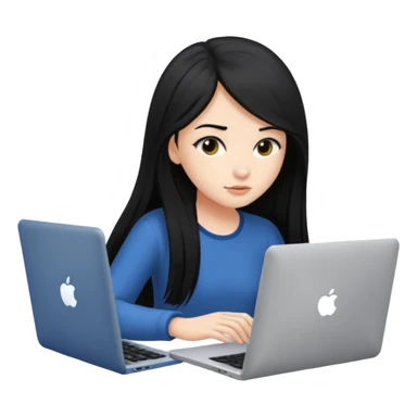 girl with long black hair focused on laptop sticker