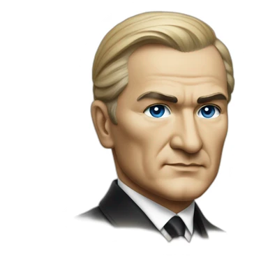 a portrait of mustafa kemal ataturk with blonde hair and blue eyes looking at turkey flag sticker