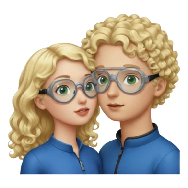 Tall curly blonde girl blue eyes pale kissing bald boy with green eyes and goggles sticker