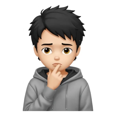 generate a pretty fair bratz boy with black messy hair looking sad with one hand on chin.  Wearing a grey hoodie sticker