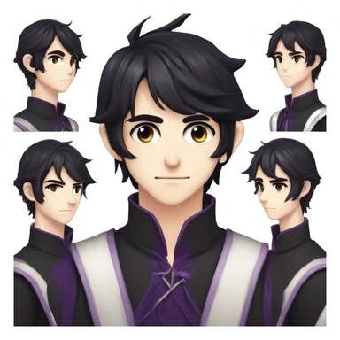 Anime boy, semi realism, ledium flowy messy black hair past eyes, narrow eyes, hair between eyes, dark purple eye color, long elf ears, long face, handsome, tall sticker