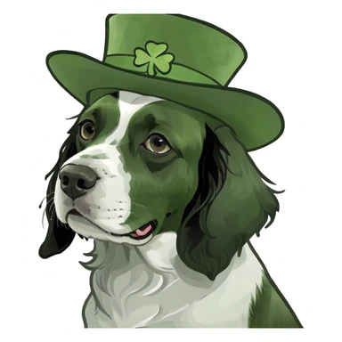 Black and white springer spaniel wearing a st Patrick’s day hat sticker