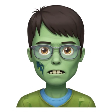 an emoji of a male green zombie with dark brown hair and female bangs that cover your entire forehead and extend to your eyebrows, wearing square, bluish glasses. sticker