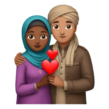 An emotional artistic illustration of an Indian man and an Afghan hijabi girl standing on the maps of India and Afghanistan, symbolically embracing each other  from in front side  despite the distance, showing love beyond borders. sticker