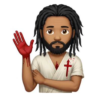 African American man with shoulder length black dreadlocks with black beard wearing a white tunic with blood on it with arms folded together sticker