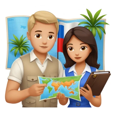 Russian man and elegant Latina girl in cute outfits with a map planning plants sticker