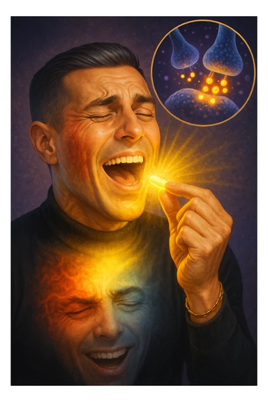 "Man taking simple sugar tablet believing it's powerful medicine, golden healing light emanating from pill as it dissolves, his chronic pain visibly dissolving as relief spreads across his face, expression transforming from suffering to amazement, brain chemistry changing through pure belief, microscopic view showing endorphins releasing purely from expectation, body healing itself through mind's conviction" sticker