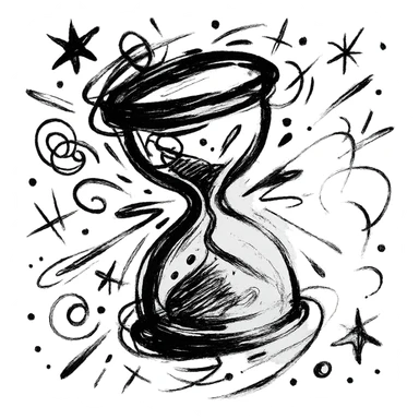 stylized hourglass in mid-turn, chaotic black outlined icon, wild expressive strokes, sense of motion sticker