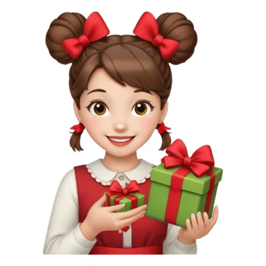 A cheerful young girl with brown hair styled in two playful buns adorned with red bows is winking and smiling.  In her hands, she holds a small decorated  sticker