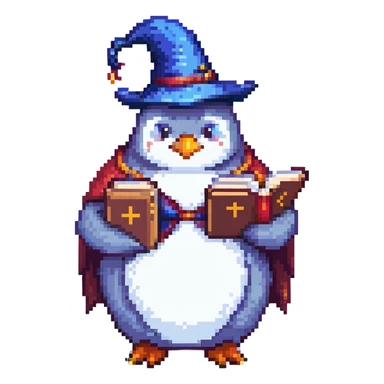 A chubby penguin wizard casting a spell, with a long beard and a mystical book, pixel art style sticker