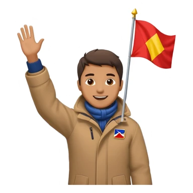 a cheerful man stands on a mountain with some snow, waving a flag sticker