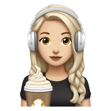 White girl, with black hair, brown eyes, aesthetic clothes, and a frappuccino in hand, with white headphones around the neck sticker