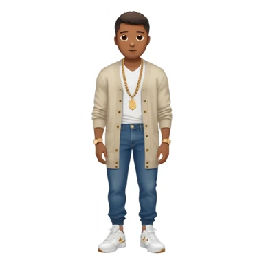 Handsome Black guy with brown skin tone, with muscular build, wearing long baggy dark denim jeans, a white t-shirt, a Burberry cardigan, white Nike sneakers, a gold watch, and a dainty chain sticker