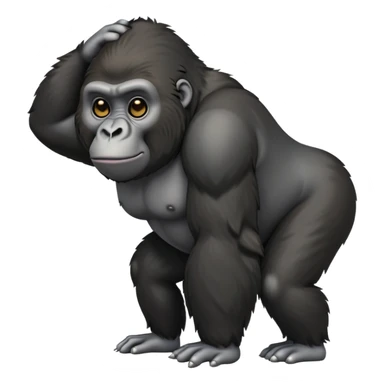cinematic-friendly relaxed gorilla-realistic-full-body-crouched on all fours-emoji,-broad-frame-poised-with-confidence,-massive-arms-hanging-slightly-forward,-head-tilted-thoughtfully,-thick-black-fur,-deep-dark-eyes-full-of-intelligence,-simplified-yet-realistic sticker