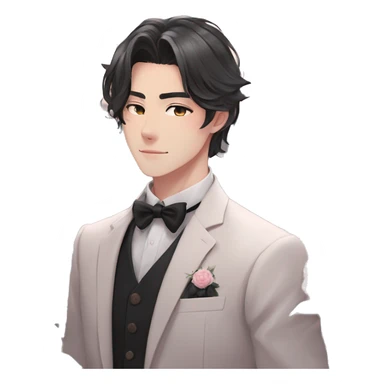 Gorgeous romantic anime style Asian formal modern gentlemanly guy with cat ears and flowers and blushing face aesthetic trending style outside sticker