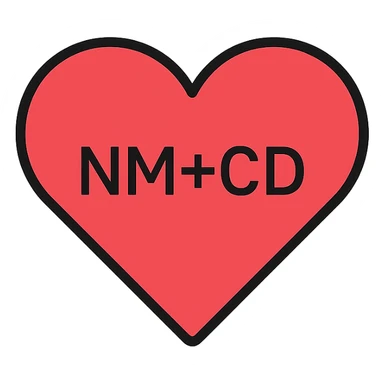 red heart with 'NM+CD' inside, minimalist sans-serif font sticker