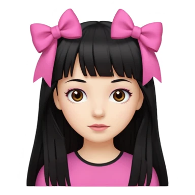 garota branca com cabelo longo, preto e franja reta, olhos castanhos, top preto e laço rosa no cabelo  sticker