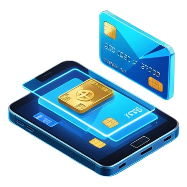 3D isometric fintech illustration, rotated to the left, neon blue lighting, instant crypto transfer, glowing coin, dynamic holographic arrows, metallic and glass textures, two isometric credit cards in the background, volumetric glass elements with realistic reflections sticker