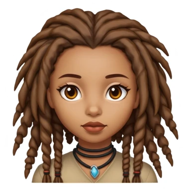 girl with dreads she has kind of caramel skin the dresds are like up to her neck in length brown eyes kind of big to normal lips sticker