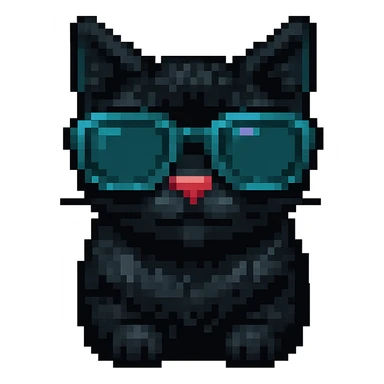 Make the cat black while keeping the sunglasses, in pixel art style, with no background. sticker