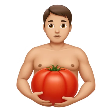 pregnant man with belly replaced by a tomato sticker