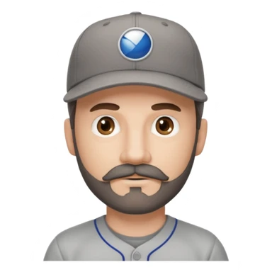 white male with dark brown goatee beard and moustache with grey tones wearing a grey baseball cap back to front with hazel eyes sticker