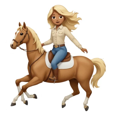 Brown girl with very long blonde/gold hair that’s blowing in the wind wearing a cream colored collared long sleeve shirt and jeans with brown boots on top of a brown horse with 4 legs sticker