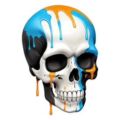 smooth black skull with street art colors and brand logos painted within the skull's surface, minimal paint drips that don't extend past skull outline, angled view sticker
