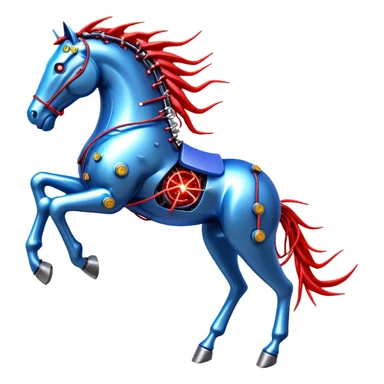 Fast running electric horse made of electricity, metal plates, bolts, blue and red wires, with lightning emanating from its body sticker