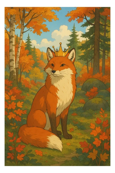 majestic red fox in a Scandinavian woodland, crown on head, vibrant foliage, serene setting, Ghibli animation style sticker