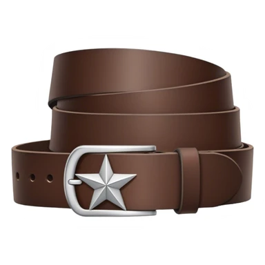 A standalone leather belt, folded neatly, dark brown color with a silver buckle featuring an engraved star symbol — no background, no person sticker