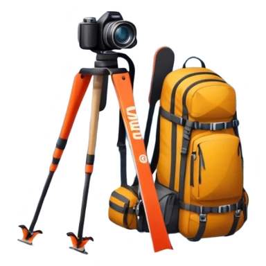  a snowy mountain peak in the landscape, with skis, a snowboard, an ice axe, a backpack and a camera. The icon should capture the adventure and exploration of mountain landscapes. Transparent background. sticker