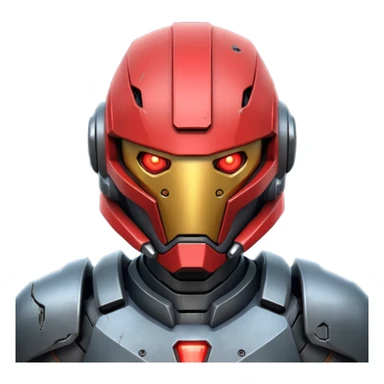futuristic war robot portrait, head and shoulders only, aggressive design, sharp armor edges, glowing red eyes, battle-damaged helmet faceplate, heavy armor collar, intense dramatic lighting, sci-fi metal textures, 3D cartoon, mobile game icon style, clean background, no text, no watermark
 sticker