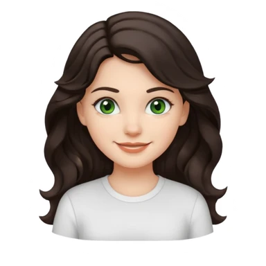 A White girl with wavy and dark hair, dark green eyes and a white shirt smiling sticker