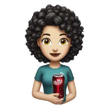 white girl with black curly hair holding a dr pepper  sticker