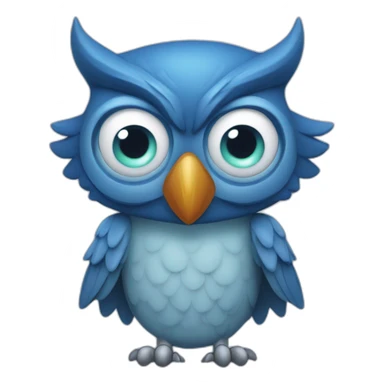 blue owl (hexa color 072a6b) with with devil horns, a wide grin, and eyes and eyebrows scrunched downward, looks angry, cartoon sticker