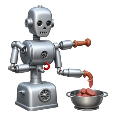 a robot that has a meat grinder for a head. 2 arms that stuff meat into the meat grinder and sausage links come out of the rear. The robot hovers sticker