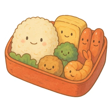 Japanese style bento box with cute food faces, soft pastel kawaii hand-drawn style, full object sticker