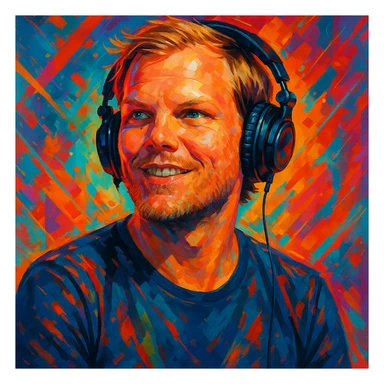 stylized portrait of Avicii age 36 wearing headphones, energetic and modern vibe sticker
