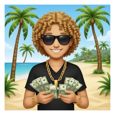 Smiling person with curly hair in black shirt and chain necklace, holding money bundles, black sunglasses, tropical beach scene with palm trees sticker