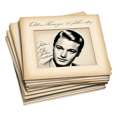 Icon for Autograph Collecting: several vintage framed with signatures of famous celebrities sheets stacked one on top of the other, each . The icon should evoke the charm and history of collecting autographs. Transparent background. sticker