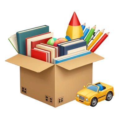 cardboard box with toys, rc, books, CD, realistic sticker