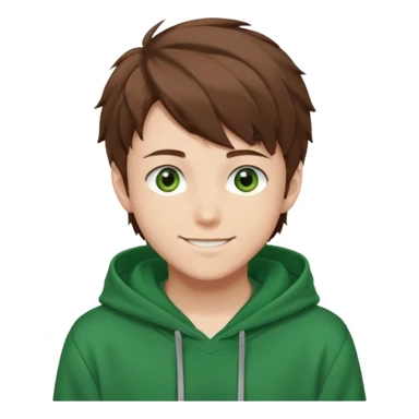 Anime teen boy with brown hair, green eyes, and a green hoodie, looking smiling slightly sideways positioned. 128px sticker