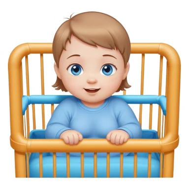 Blue-eyed baby girl with short light brown hair, chubby, mischievous smile in playpen  sticker